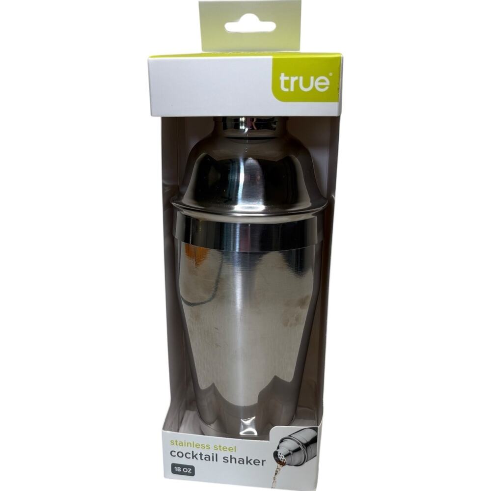True Stainless Steel Cocktail Shaker 18oz w/ Strainer & Jigger Cap Bar Tool New